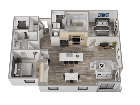 3d floor plan of a 1 bedroom 840 sq ft house